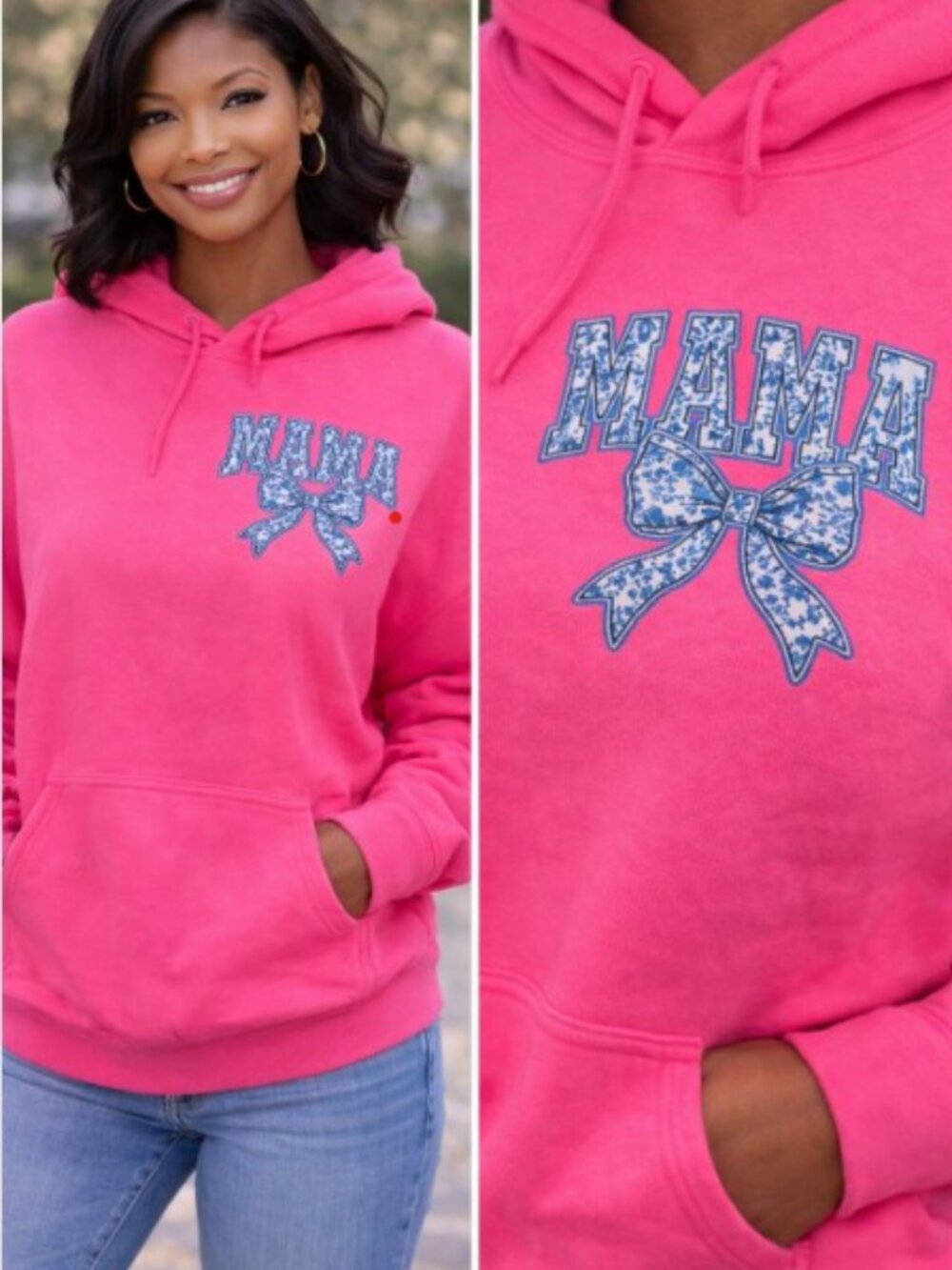 Blue & White "MAMA" Floral Bow Graphic Causal Women's Pink Hoodie Size: XL